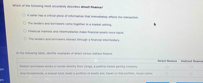 Which of the following most accurately describes direct finance?
A seller has a critical piece of information that immediately affects the transaction.
The lenders and borrowers come together in a market setting.
Financial markets and intermediaries make financial assets more liquid.
The lenders and borrowers interact through a financial intermediary.
In the following table, identify examples of direct versus indirect finance.
Direct finance Indirect finance
Eleanor purchases stocks or bonds directly from Zynga, a publicly traded gaming company.
ps
Ariel Investments, a mutual fund, holds a portfolio of assets and, based on that portfolio, issues claims.
ps