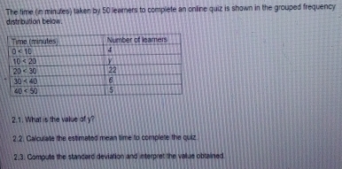 The time (in minutes) taken by 50 learners to complete an online quiz is shown in the grouped frequency
distribution below.
2.1. What is the value of y?
2.2. Calculate the estimated mean time to complete the quiz
2.3. Compute the standerd deviation and interpret the vallue obtalined