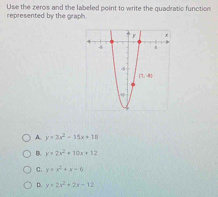 Use the zeros and the labeled point to write the quadratic function
represented by the graph.
A. y=3x^2-15x+18
B. y=2x^2+10x+12
C. y=x^2+x-6
D. y=2x^2+2x-12