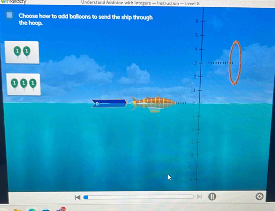 Understand Addition with Integers — Instruction — Level G
Choose how to add balloons to send the ship through
the hoop.
6
5
1 0
4
3
2
a 0
1
0
-1
-2
-3
-4
-5
-6