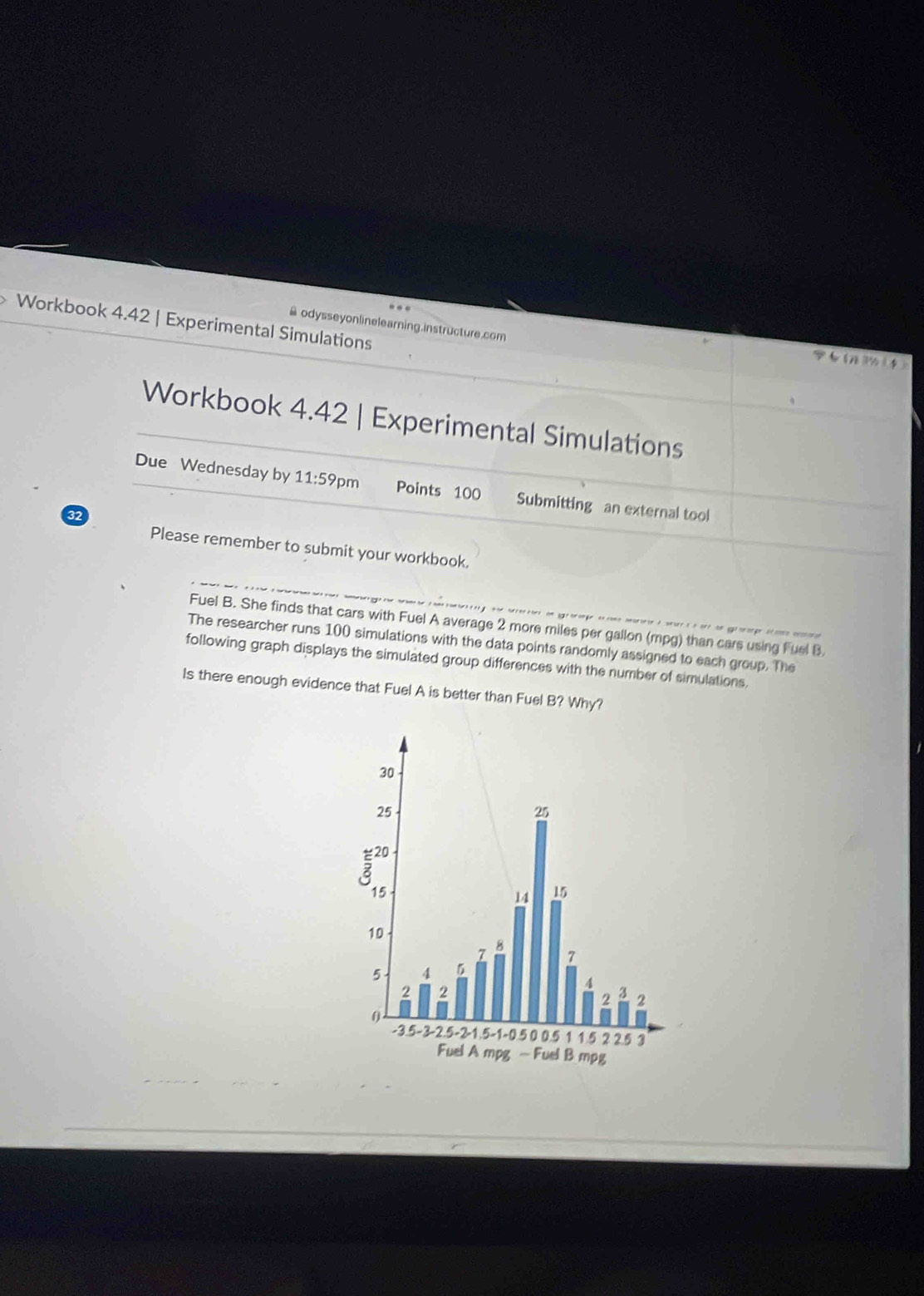 Workbook 4.42 | Experimental Simulations 
&odysseyonlinelearning.instructure.com 
? 6 ( 3½ 1 4 
Workbook 4.42 | Experimental Simulations 
Due Wednesday by 11:59 pm Points 100 Submitting an external tool 
32 
Please remember to submit your workbook. 
Fuel B. She finds that cars with Fuel A average 2 more miles per gallon (mpg) than cars using Fuel B 
The researcher runs 100 simulations with the data points randomly assigned to each group. The 
following graph displays the simulated group differences with the number of simulations. 
Is there enough evidence that Fuel A is better than Fuel B? Why?