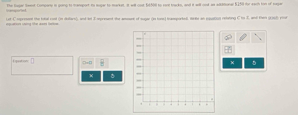 transported. The Sugar Sweet Company is going to transport its sugar to market. It will cost $6500 to rent trucks, and it will cost an additional $250 for each ton of sugar 
Let C represent the total cost (in dollars), and let S represent the amount of sugar (in tons) transported. Write an equation relating C to S, and then graph your 
equation using the axes below. 
Equation: □ □ =□  □ /□  
× 5 
×