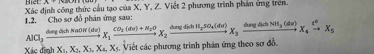 Biet: X+NaOm(t 
Xác định công thức cấu tạo của X, Y, Z. Viết 2 phương trình phản ứng trên.
1.2. Cho sơ đồ phản ứng sau:
AlCl_3xrightarrow dungdichNaOH(dur)X_1xrightarrow CO_2(du)+H_2OX_2xrightarrow dungdichH_2SO_4(dur)X_3xrightarrow dungdichNH_3(dur)X_4xrightarrow t^0X_5
Xác đinh X_1, X_2, X_3, X_4, X_5. Viết các phương trình phản ứng theo sơ đồ.