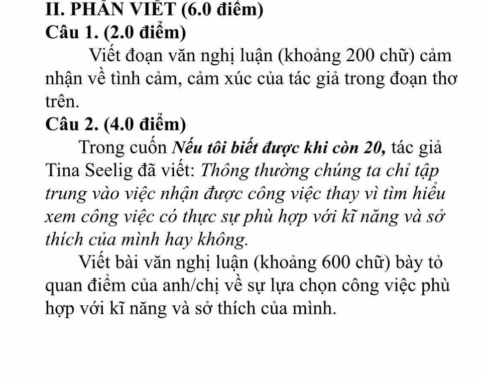 PHẢN VIÊT (6.0 điểm) 
Câu 1. (2.0 điểm) 
Viết đoạn văn nghị luận (khoảng 200 chữ) cảm 
nhận về tình cảm, cảm xúc của tác giả trong đoạn thơ 
trên. 
Câu 2. (4.0 điểm) 
Trong cuốn Nếu tôi biết được khi còn 20, tác giả 
Tina Seelig đã viết: Thông thường chúng ta chỉ tập 
trung vào việc nhận được công việc thay vì tìm hiểu 
xem công việc có thực sự phù hợp với kĩ năng và sở 
thích của mình hay không. 
Viết bài văn nghị luận (khoảng 600 chữ) bày tỏ 
quan điểm của anh/chị về sự lựa chọn công việc phù 
hợp với kĩ năng và sở thích của mình.