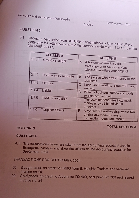 Economic and Management Sciences/P1 5 NW/November 2024 
Grade 9 
QUESTION 3 
3.1 Choose a description from COLUMN B that matches a term in COLUMN A. 
Write only the letter (A-F) next to the question numbers (3.1.1 to 3.1.6) in the 
ANSWER BOOK. 
e 
d 
SECTION B 
TOTAL SECTION A: 
QUESTION 4 
4.1 The transactions below are taken from the accounting records of Jabula 
Enterprise. Analyse and show the effects on the Accounting equation for 
September 2024. 
TRANSACTIONS FOR SEPTEMBER 2024 
03 Bought stock on credit for R600 from B. Heightz Traders and received 
invoice no.10. 
09 Sold goods on credit to Albany for R2 400, cost price R2 000 and issued 
invoice no. 24.