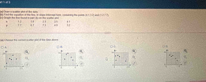art 1 of 3 
(a) Draw a scatter plot of the dat 
(b) Find the equation of the line, in slope-intercept form containing the points (41,32) and (12,77)
(c) Graph the line found in part (b) on the scatter plol
1.2 1 8 23 3.5 4 1
y 7.7 6.7 7 3 4.9 32
(a) Choose the correct scatter plot of the data above 
B. O c 
A □ D
25
15
10
D
9 J5
23