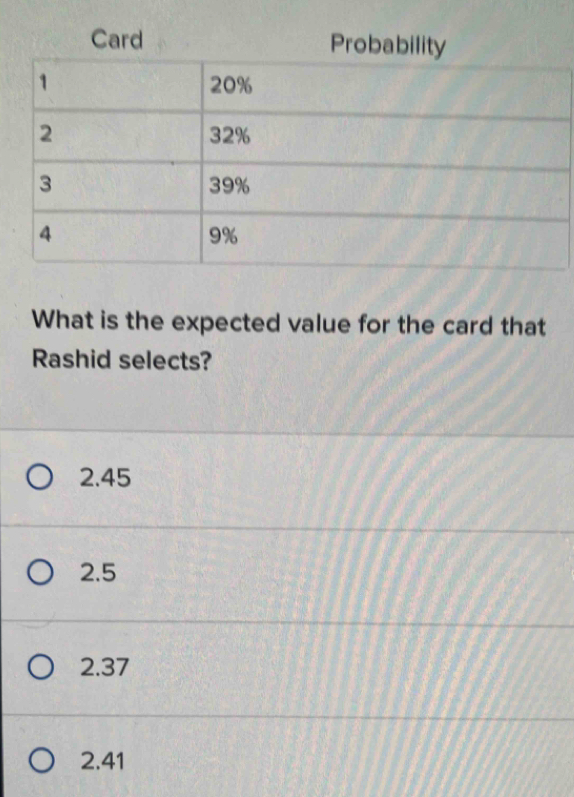 Card Probability
What is the expected value for the card that
Rashid selects?
2.45
2.5
2.37
2.41