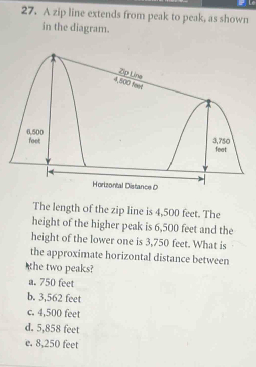A zip line extends from peak to peak, as shown in the diagram. The ...