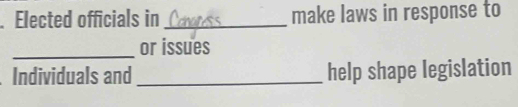 Elected officials in _make laws in response to 
_or issues 
Individuals and _help shape legislation