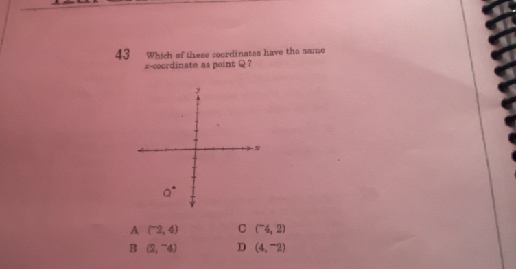 Which of these coordinates have the same
x-coordinate as point Q ?
A (^-2,4) C (^-4,2)
B (2,^-4) D (4,^-2)