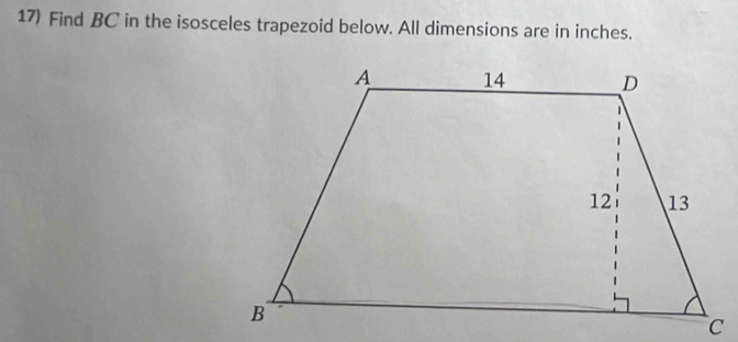 Find BC in the isosceles trapezoid below. All dimensions are in inches.