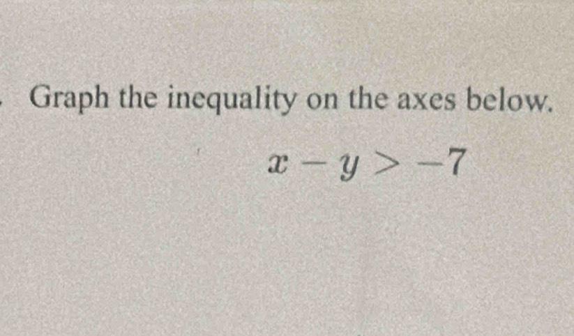 Graph the inequality on the axes below.
x-y>-7