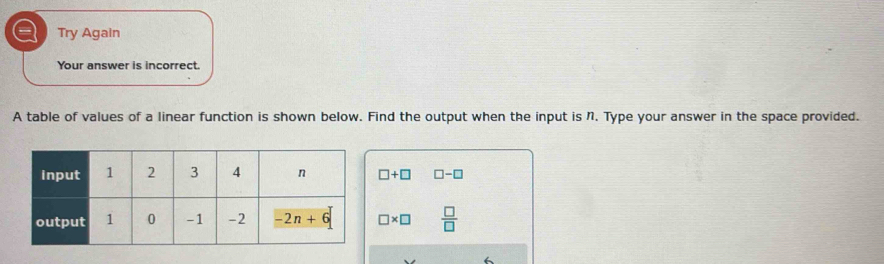 a Try Again
Your answer is incorrect.
A table of values of a linear function is shown below. Find the output when the input is n. Type your answer in the space provided.
□ +□ □ -□
□ * □  □ /□  