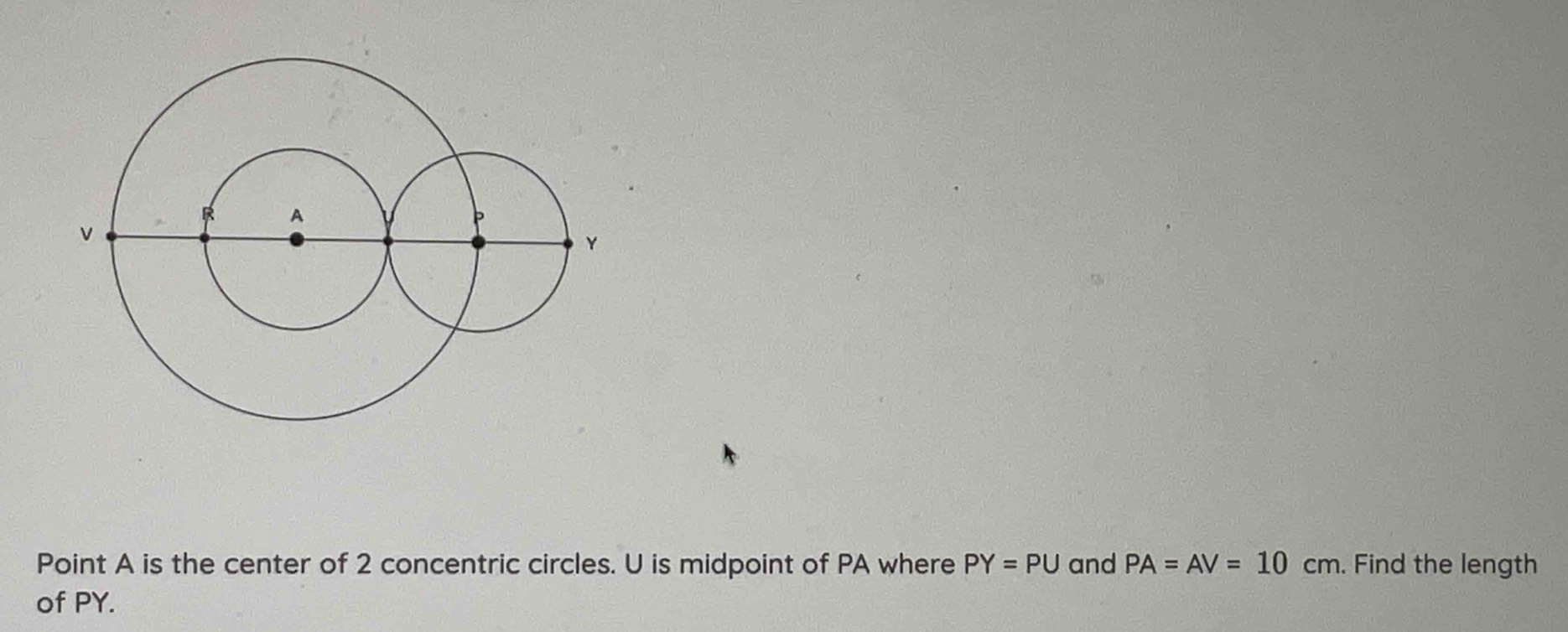 Point A is the center of 2 concentric circles. U is midpoint of PA where PY=PU and PA=AV=10cm. Find the length 
of PY.