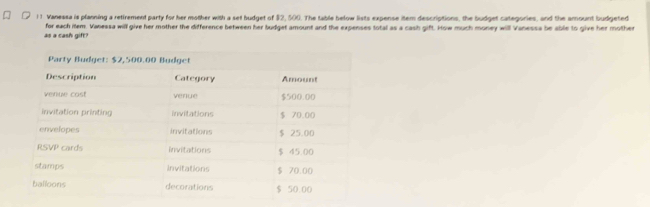 1 1. Vanessa is planning a retirement party for her mother with a set hudget of $2, 500. The table below lists expense item descriptions, the budget categories, and the amount budgeted 
as a cash gift? for each item. Vanessa will give her mother the difference between her budget amount and the expenses total as a cash gift. How much money will Vanessa be able to give her mother