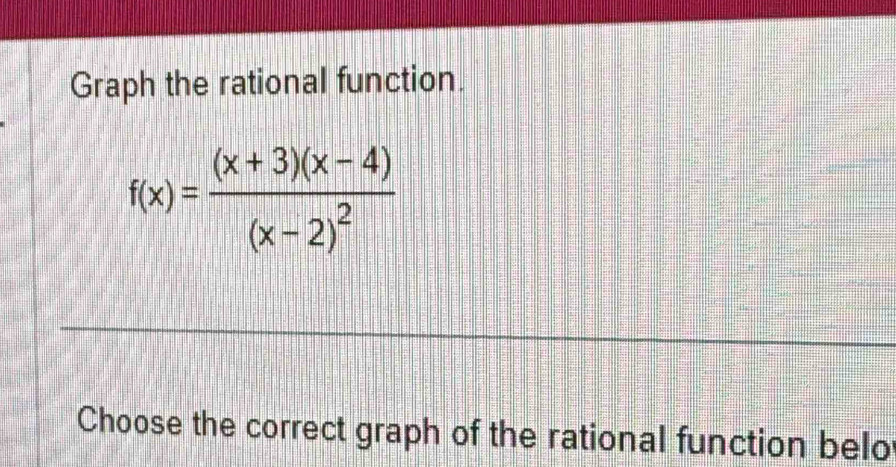 Graph the rational function.
f(x)=frac (x+3)(x-4)(x-2)^2
Choose the correct graph of the rational function belo