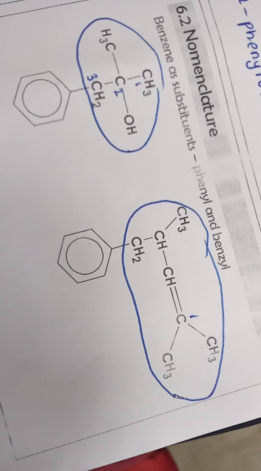 6.2 Nomenclature 
Benzene as substituents - phenyl and benzy
CH_3
CH_3 CH-CH=C CH_3
CH_3
H_3C-C_2 OH
CH_2
3CH_2