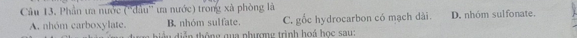 Câầu 13, Phần ưa nước (''đầu'' ưa nước) trong xà phòng là
A. nhóm carboxylate. B. nhóm sulfate. C. gốc hydrocarbon có mạch dài. D. nhóm sulfonate.
tiểu diễn thông qua phượng trình hoá học sau: