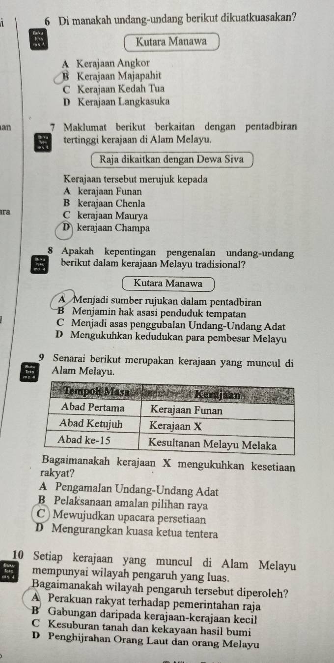 Di manakah undang-undang berikut dikuatkuasakan?
m Kutara Manawa
A Kerajaan Angkor
B Kerajaan Majapahit
C Kerajaan Kedah Tua
D Kerajaan Langkasuka
an 7 Maklumat berikut berkaitan dengan pentadbiran
tertinggi kerajaan di Alam Melayu.
Raja dikaitkan dengan Dewa Siva
Kerajaan tersebut merujuk kepada
A kerajaan Funan
B kerajaan Chenla
ara C kerajaan Maurya
D kerajaan Champa
8 Apakah kepentingan pengenalan undang-undang
berikut dalam kerajaan Melayu tradisional?
Kutara Manawa
A Menjadi sumber rujukan dalam pentadbiran
B Menjamin hak asasi penduduk tempatan
C Menjadi asas penggubalan Undang-Undang Adat
D Mengukuhkan kedudukan para pembesar Melayu
9 Senarai berikut merupakan kerajaan yang muncul di
Alam Melayu.
Bagaimanakah kerajaan X mengukuhkan kesetiaan
rakyat?
A Pengamalan Undang-Undang Adat
B Pelaksanaan amalan pilihan raya
C) Mewujudkan upacara persetiaan
D Mengurangkan kuasa ketua tentera
10 Setiap kerajaan yang muncul di Alam Melayu
mempunyai wilayah pengaruh yang luas.
Bagaimanakah wilayah pengaruh tersebut diperoleh?
A Perakuan rakyat terhadap pemerintahan raja
B Gabungan daripada kerajaan-kerajaan kecil
C Kesuburan tanah dan kekayaan hasil bumi
D Penghijrahan Orang Laut dan orang Melayu