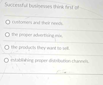 Successful businesses think first of
customers and their needs.
the proper advertising mix.
the products they want to sell.
establishing proper distribution channels.