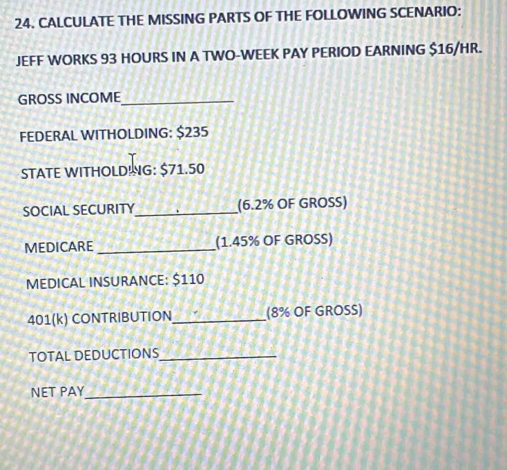 CALCULATE THE MISSING PARTS OF THE FOLLOWING SCENARIO: 
JEFF WORKS 93 HOURS IN A TWO-WEEK PAY PERIOD EARNING $16/HR. 
GROSS INCOME_ 
FEDERAL WITHOLDING: $235
STATE WITHOLDING: $71.50
SOCIAL SECURITY_ (6.2% OF GROSS) 
MEDICARE _(1.45% OF GROSS) 
MEDICAL INSURANCE: $110
401(k) CONTRIBUTION_ (8% OF GROSS) 
TOTAL DEDUCTIONS_ 
NET PAY_