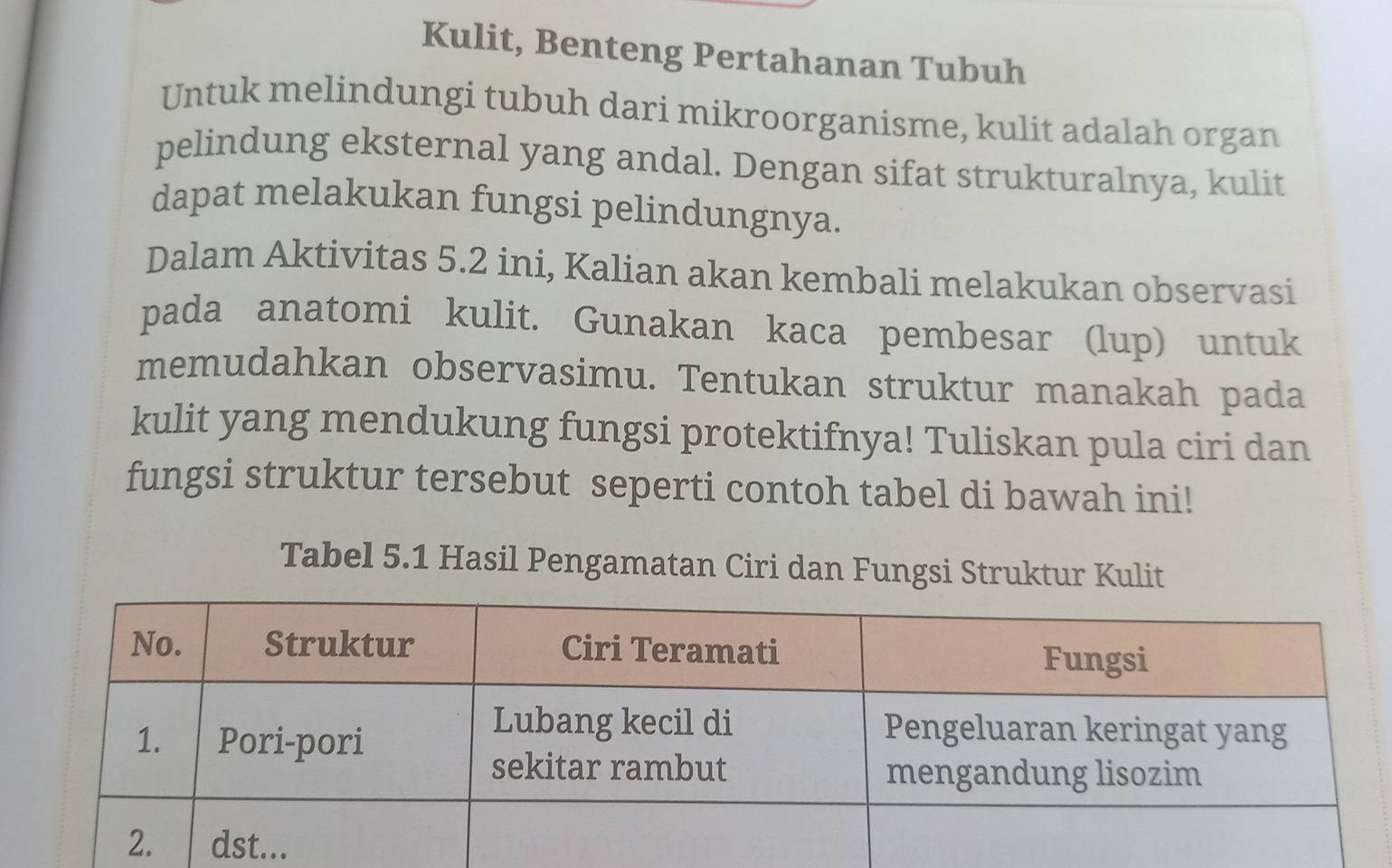 Kulit, Benteng Pertahanan Tubuh 
Untuk melindungi tubuh dari mikroorganisme, kulit adalah organ 
pelindung eksternal yang andal. Dengan sifat strukturalnya, kulit 
dapat melakukan fungsi pelindungnya. 
Dalam Aktivitas 5.2 ini, Kalian akan kembali melakukan observasi 
pada anatomi kulit. Gunakan kaca pembesar (lup) untuk 
memudahkan observasimu. Tentukan struktur manakah pada 
kulit yang mendukung fungsi protektifnya! Tuliskan pula ciri dan 
fungsi struktur tersebut seperti contoh tabel di bawah ini! 
Tabel 5.1 Hasil Pengamatan Ciri dan Fungsi Struktur Kulit