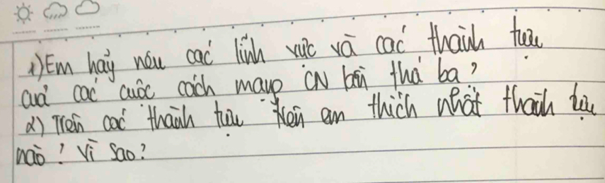 ()Em hay nóu cac linh wic vá cac thaih tuā 
aà cad cuòc cach mayp (N bi thà ba? 
() Then coc `thanh tuon an thich what thaih ta 
naò! Vi Sao?