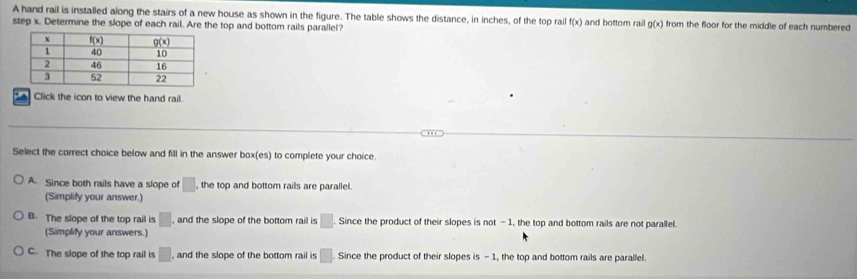 A hand rail is installed along the stairs of a new house as shown in the figure. The table shows the distance, in inches, of the top rail f(x)
step x. Determine the slope of each rail. Are the top and bottom rails parallel? and bottom rail g(x) from the floor for the middle of each numbered
Click the icon to view the hand rail.
Select the correct choice below and fill in the answer box(es) to complete your choice.
A. Since both rails have a slope of □ , the top and bottom rails are parallel.
(Simplify your answer.)
B. The slope of the top rail is □ , and the slope of the bottom rail is □. Since the product of their slopes is not - 1, the top and bottom rails are not parallel.
(Simplify your answers.)
C. The slope of the top rail is □ , and the slope of the bottom rail is □ Since the product of their slopes is-1 the top and bottom rails are parallel.