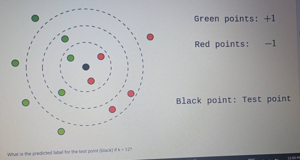 Green points: +1
Red points: —1
Black point: Test point 
What is the predicted label for the test point (black) if k=12 2 
11:00 P