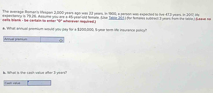 The average Roman's lifespan 2,000 years ago was 22 years. In 1900, a person was expected to live 47.3 years. In 2017, life 
expectancy is 79.26. Assume you are a 45-year-old female. (Use Table 20.1.) (for females subtract 3 years from the table.) (Leave no 
cells blank - be certain to enter "O" wherever required.) 
a. What annual premium would you pay for a $200,000, 5-year term life insurance policy? 
Annual premium 
b. What is the cash value after 3 years? 
Cash value