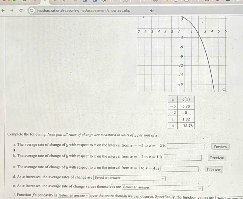 Complete the following. Note that all rates of change are measured in units of y per unit of x.
a. The average rate of change of y with respect to z on the interval from x=-5 to x=-2 is □ Preview
b. The average rate of change of y with respect to x on the interval from x=-2 to x=1 is □ Preview
c. The average rate of change of y with respect to x on the interval from x=1 to x=4 1S □ Preview
d. As x increases, the average rates of change are Select an answer □ .
e. As z increases, the average rate of change values themselves are Select an answer
f. Function f's concavity is Select an answer over the entire domain we can observe. Specifically, the function values are [ Select an an