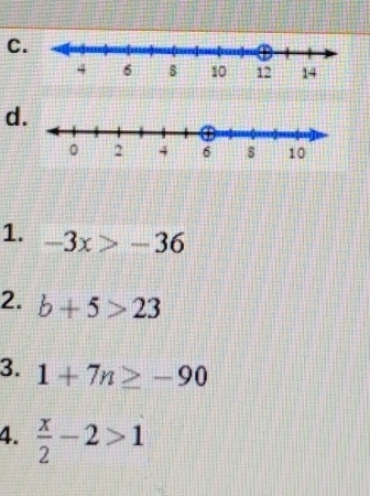 -3x>-36
2. b+5>23
3. 1+7n≥ -90
4.  x/2 -2>1