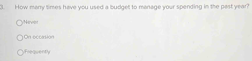 How many times have you used a budget to manage your spending in the past year?
Never
On occasion
Frequently