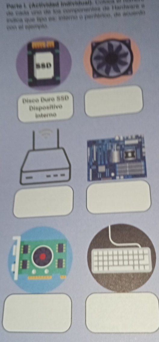 arte l A cti ida i dividu al l e 
e cada uno de loa componentea de Hardware e
índica que tipo es: interno o pentérico, de acuerdo
con el ejempto
SSD
Disco Duro SSD
Dispositivo
interno