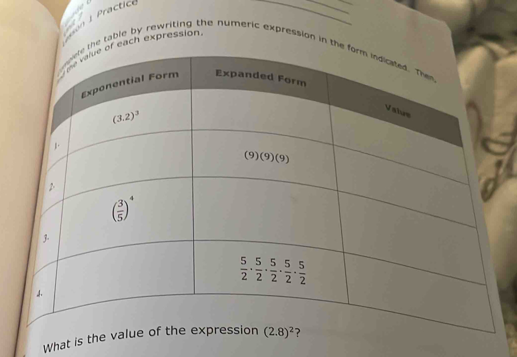 a
each expression
he table by rewriting the numeric expression in th
What is