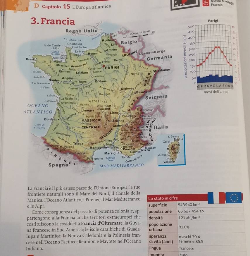 Capitolo 15 L'Europa atlantica
Francia
La Francia è il più esteso paese dell'Unione Europea: le sue
frontiere naturali sono il Mare del Nord, il Canale della
Manica, l’Oceano Atlantico, i Pirenei, il Mar Mediterraneo
e le Alpi. 
Come conseguenza del passato di potenza coloniale, ap-
partengono alla Francia anche territori extraeuropei che
costituiscono la cosiddetta Francia d’Oltremare: la Guya
na Francese in Sud America; le isole caraibiche di Guada
lupa e Martinica; la Nuova Caledonia e la Polinesia fran
cese nell'Oceano Pacifico; Reunion e Mayotte nell'Oceano
Indiano. 
moneta