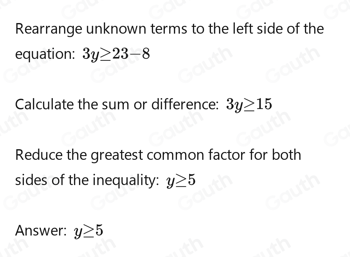 Solved: Solve the following inequality: 3y+8≥ 23 [Math]