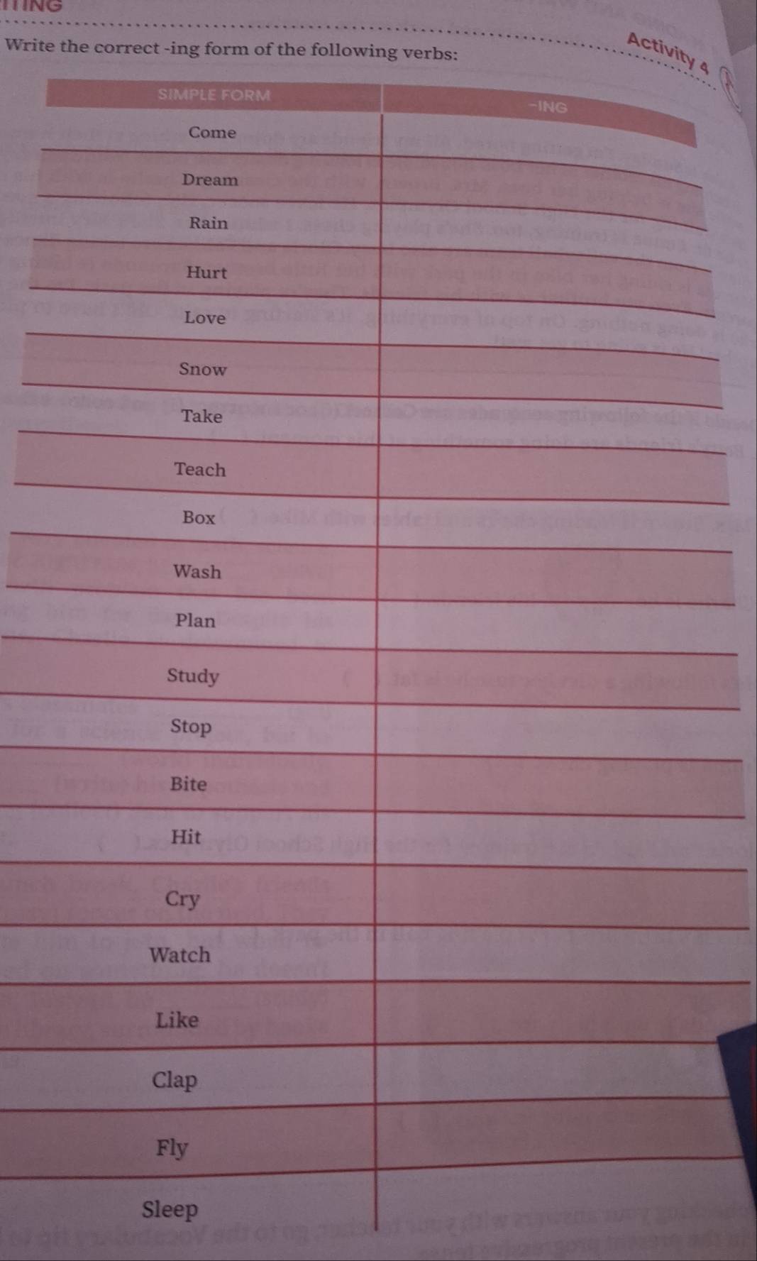 TTING 
Write the correct -ing form of the following verbs: 
Activity 4 
Sleep