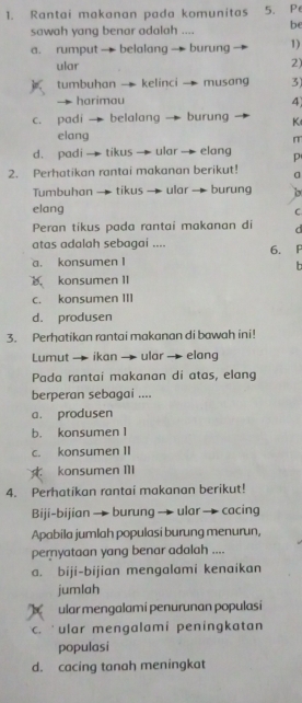 Rantai makanan pada komunitas 5. Pe
sawah yang benar adalah .... be
a. rumput belalang → burung 1)
ular
2)
tumbuhan → kelinci musang 3)

harimau 4
c. padi → belalang → burung K
elang r
d. padi → tikus — ular — elang p
2. Perhatikan rantai makanan berikut!
Tumbuhan tikus ular burung b
elang C
Peran tikus pada rantai makanan di C
atas adalah sebagai .... 6. F
a. konsumen I
b. konsumen II
c. konsumen III
d. produsen
3. Perhatikan rantai makanan di bawah ini!
Lumut → ikan ular → elang
Pada rantai makanan di atas, elang
berperan sebagai ....
a. produsen
b. konsumen I
c. konsumen II
konsumen II
4. Perhatikan rantai makanan berikut!
Biji-bijian → burung → ular → cacing
Apabila jumlah populasi burung menurun,
pernyataan yang benar adalah ....
a. biji-bijian mengalami kenaikan
jumlah
ular mengalami penurunan populasi
c. ular mengalami peningkatan
populasi
d. cacing tanah meningkat