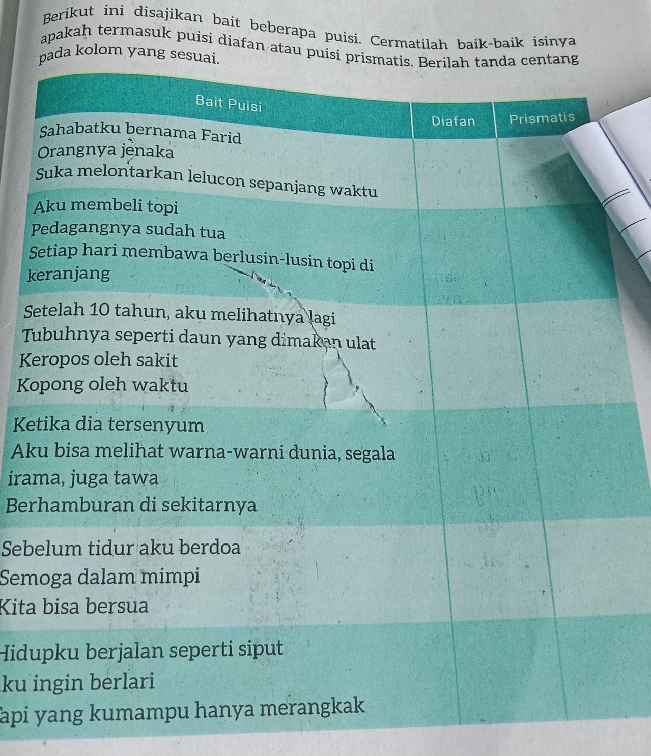 Berikut ini disajikan bait beberapa puisi. Cermatilah baik-baik isinya 
apakah termasuk puisi diafan atau puí 
da kolom yang s 
P 
S 
k 
S 
T 
Ke 
Ko 
Ke 
Ak 
ira 
Ber 
Seb 
Sem 
Kita 
Hidu 
ku 
api