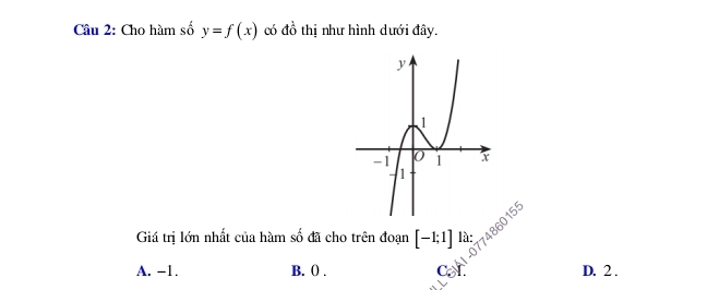 Cho hàm số y=f(x) có đồ thị như hình dưới đây.
Giá trị lớn nhất của hàm số đã cho trên đoạn [-1;1] là:
A. −1. B. () . Cal D. 2.