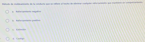 Método de moldeamiento de la conducta que se refiere al hecho de eliminar cualquier reforzamiento que mantiene un comportamiento.
a. Reforzamiento negativo
b. Reforzamiento positivo
c. Extinción
d. Castigo