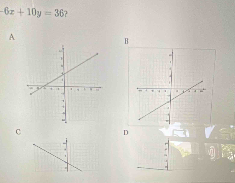 -6x+10y=36 ?
A
B

c
D