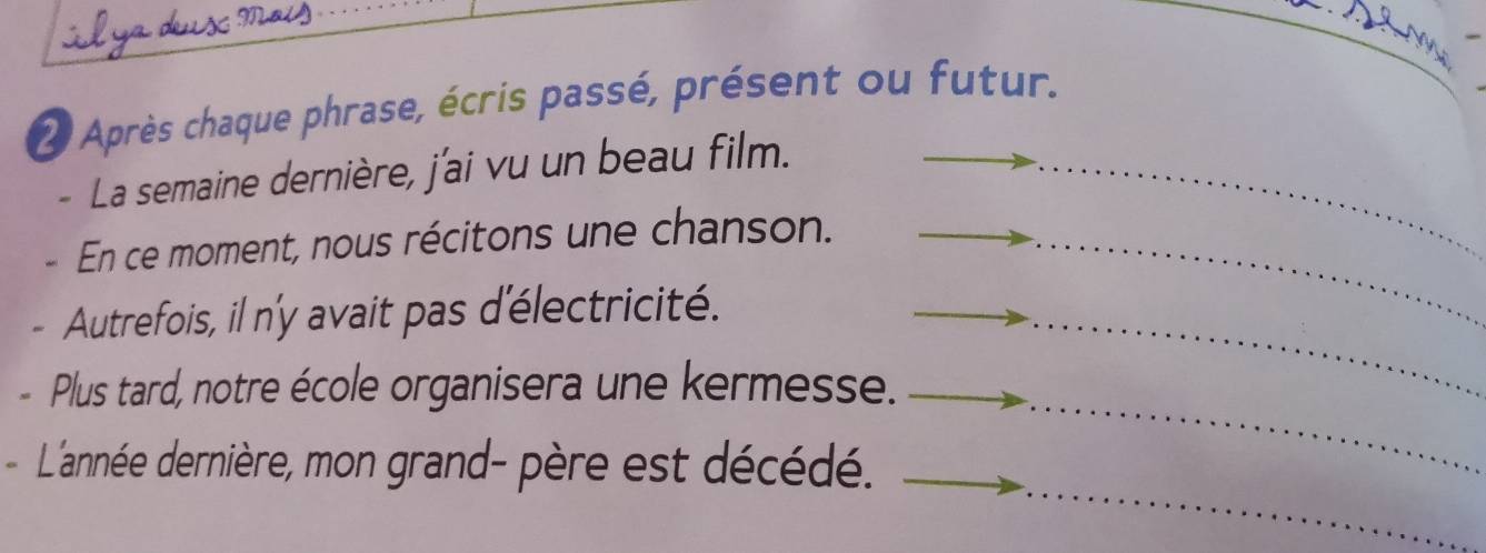 Après chaque phrase, écris passé, présent ou futur. 
- La semaine dernière, j'ai vu un beau film. 
En ce moment, nous récitons une chanson. 
Autrefois, il n'y avait pas d'électricité. 
Plus tard, notre école organisera une kermesse. 
- L'année dernière, mon grand- père est décédé.