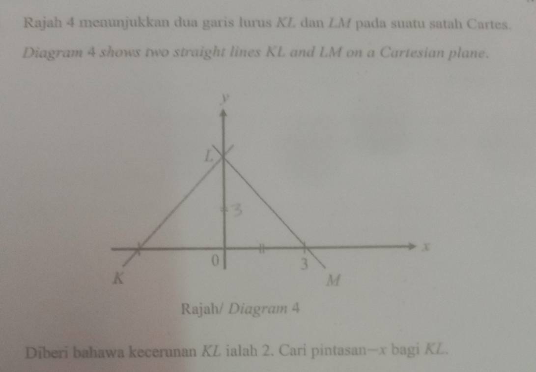 Rajah 4 menunjukkan dua garis lurus KL dan LM pada suatu satah Cartes. 
Diagram 4 shows two straight lines KL and LM on a Cartesian plane. 
Rajah/ Diagram 4 
Diberi bahawa kecerunan KL ialah 2. Cari pintasan— x bagi KL.