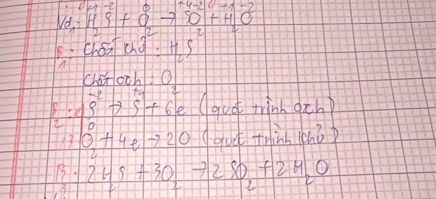 Cháa ChO^(2-):H_2S^2
Chiroch B
beginarrayl frac -12s^5beginarrayr 3 3+endarray +beginarrayr 1 5endarray +6^1_0 20endarray 
quot tinn ach
gut thin. (hǒ)
frac 13· 2H_2S+3O_2to 2SO_2+2H_2O2