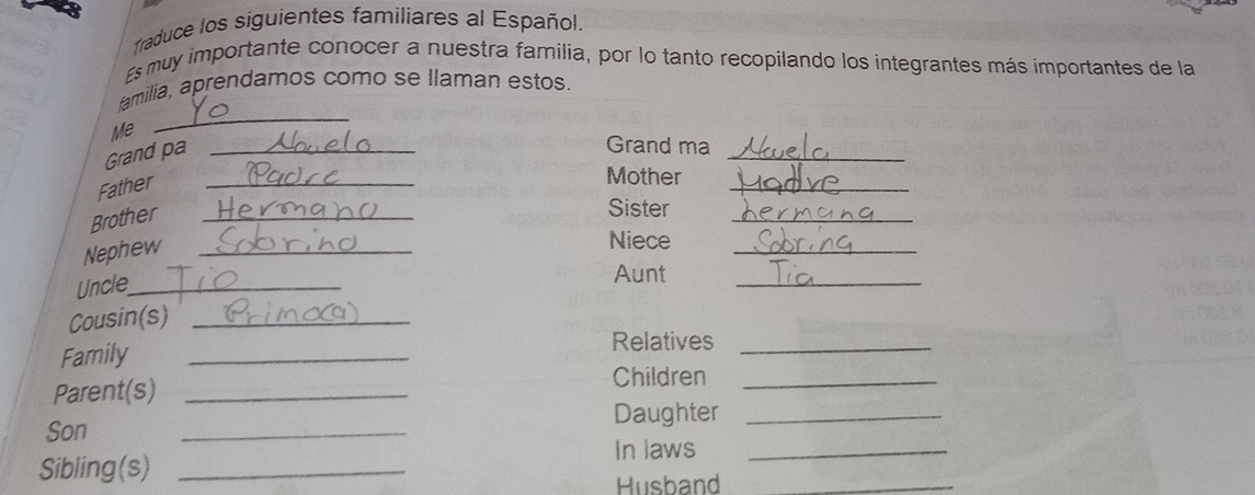 Traduce los siguientes familiares al Español. 
Es muy importante conocer a nuestra familia, por lo tanto recopilando los integrantes más importantes de la 
_ 
familia, aprendamos como se llaman estos. 
_ 
Me Grand ma 
Grand pa_ 
Father_ 
_ 
Mother 
Brother_ 
_ 
Sister 
Nephew_ 
_ 
Niece 
Uncle_ 
Aunt 
_ 
Cousin(s)_ 
Family_ 
Relatives_ 
Parent(s)_ 
Children_ 
Daughter_ 
Son 
_ 
In laws_ 
Sibling(s)_ 
Husband