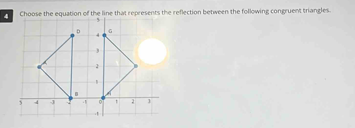 Choose the equation of the line that represents the reflection between the following congruent triangles.