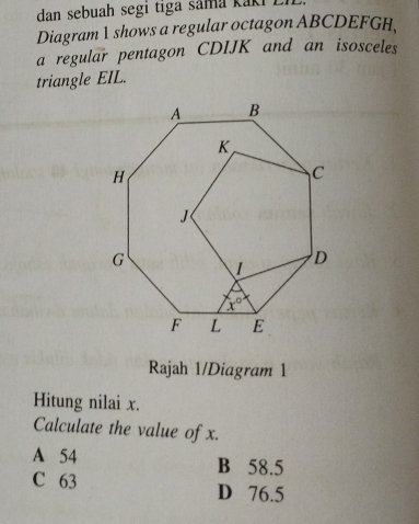 dan sebuah segi tiga sama kaki Ei
Diagram 1 shows a regular octagon ABCDEFGH,
a regular pentagon CDIJK and an isosceles
triangle EIL.
Rajah 1/Diagram 1
Hitung nilai x.
Calculate the value of x.
A 54 B 58.5
C 63 D 76.5