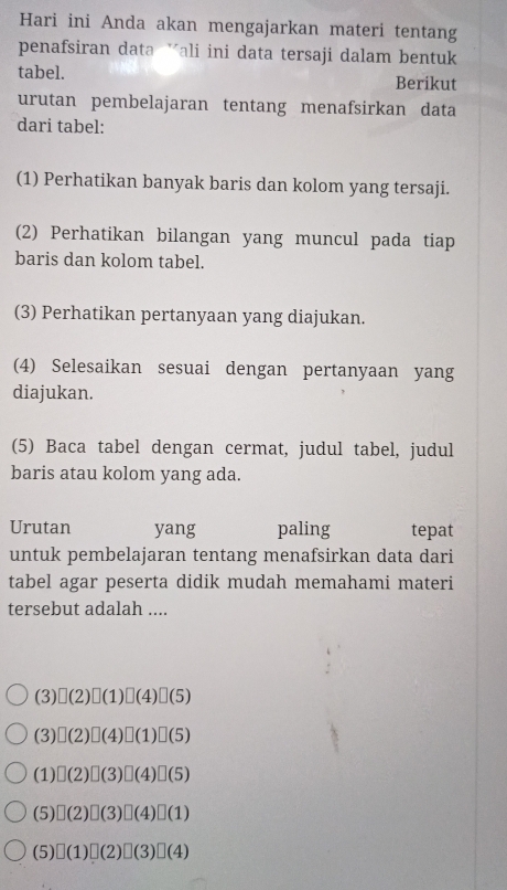 Hari ini Anda akan mengajarkan materi tentang
penafsiran data ½ali ini data tersaji dalam bentuk
tabel. Berikut
urutan pembelajaran tentang menafsirkan data
dari tabel:
(1) Perhatikan banyak baris dan kolom yang tersaji.
(2) Perhatikan bilangan yang muncul pada tiap
baris dan kolom tabel.
(3) Perhatikan pertanyaan yang diajukan.
(4) Selesaikan sesuai dengan pertanyaan yang
diajukan.
(5) Baca tabel dengan cermat, judul tabel, judul
baris atau kolom yang ada.
Urutan yang paling tepat
untuk pembelajaran tentang menafsirkan data dari
tabel agar peserta didik mudah memahami materi
tersebut adalah ....
(3)□ (2)□ (1)□ (4)□ (5)
(3)□ (2)□ (4)□ (1)□ (5)
(1)□ (2)□ (3)□ (4)□ (5)
(5) □ (2)□ (3)□ (4)□ (1)
(5) □ (1)□ (2)□ (3)□ (4)